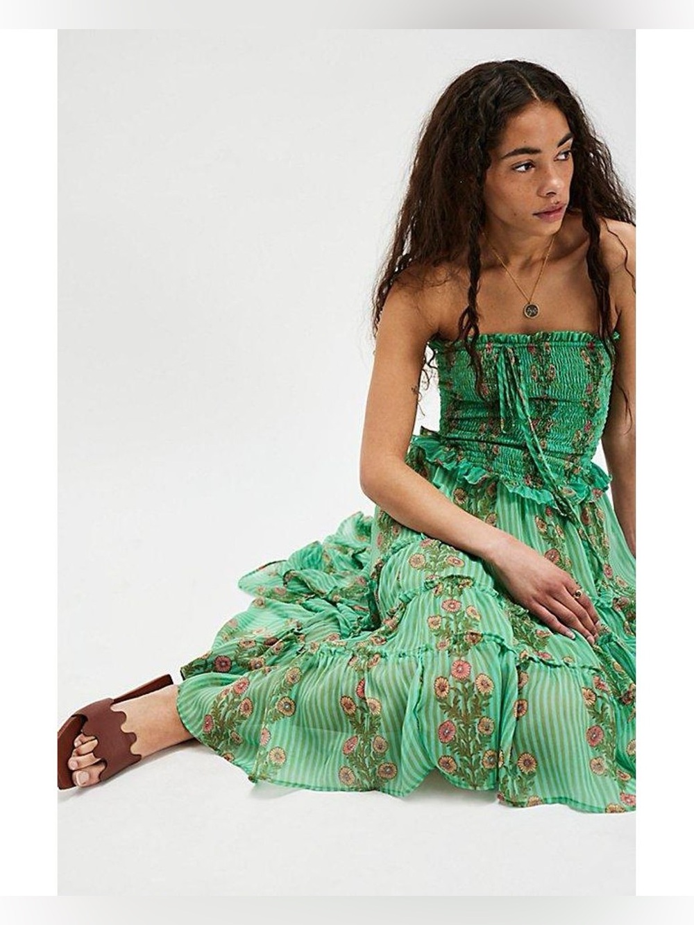 Free People Alejandra Midi Dress in Mint/Green Combo-Medium